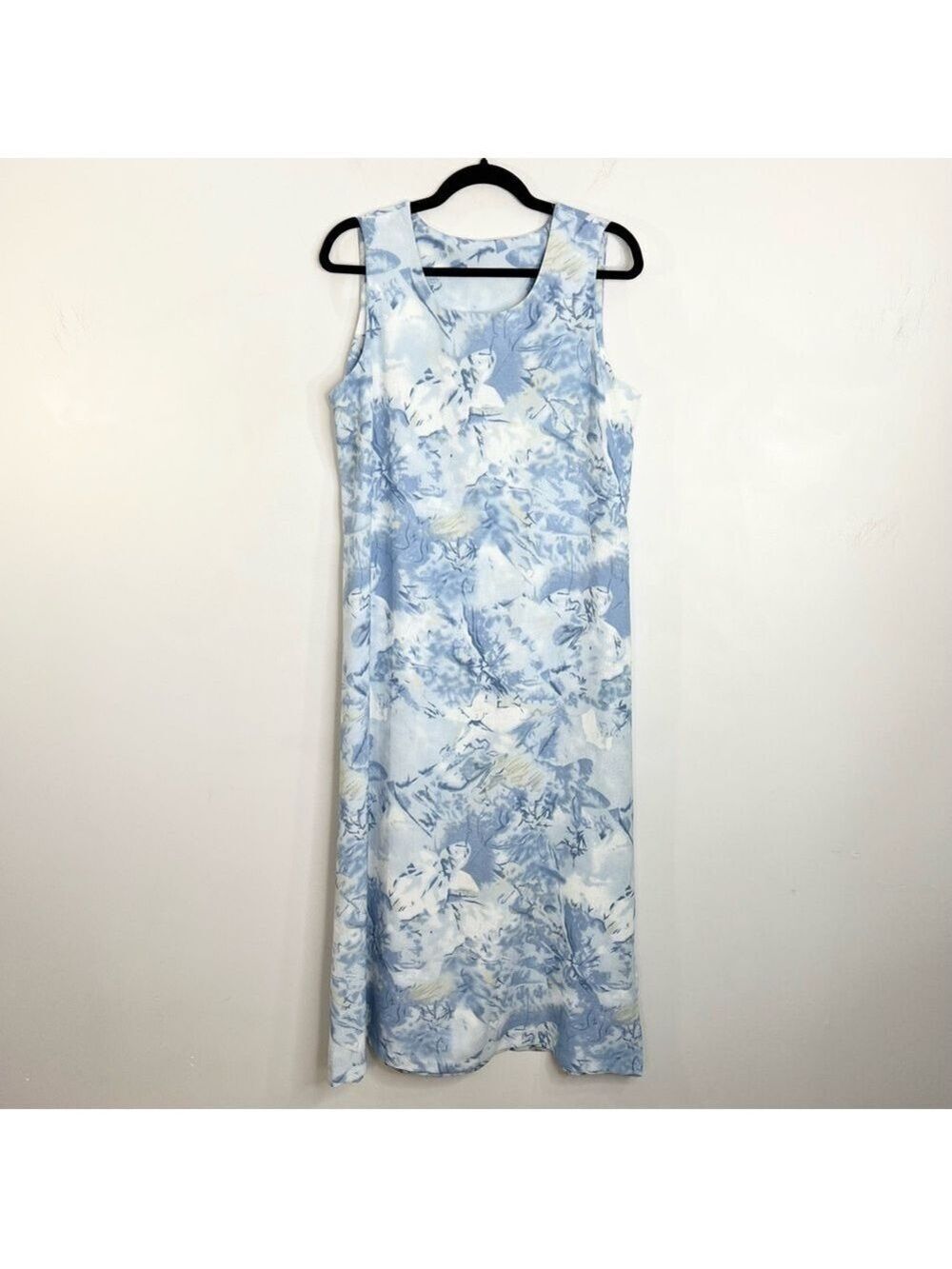 Vintage 80s 90s blue white abstract floral sleeveless long maxi shift dress 14 - Picture 4 of 11